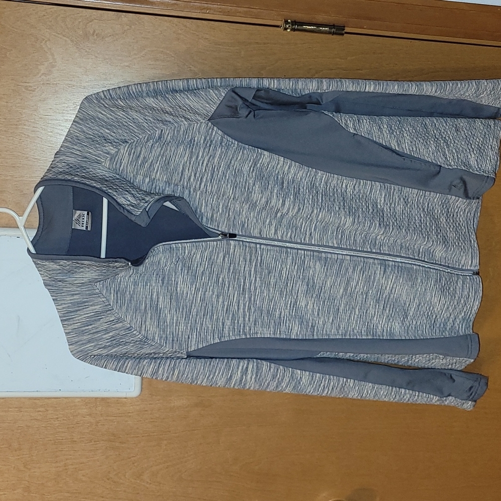 Front zip athletic jacket, women's XL. Grey pattern, side slit pockets RBX brand